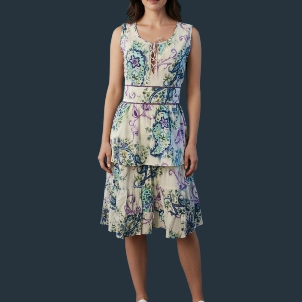 VTG CENTRAL FALLS Project X Floral Paisley Sleeveless Split Neck Tier Skirt Set - Picture 1 of 12